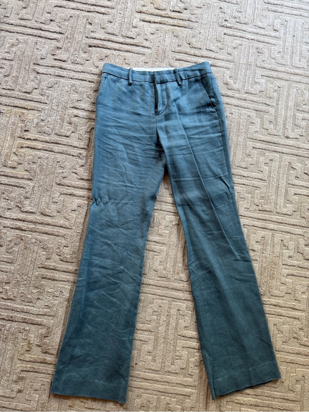 GRLFRND teal-blue flared linen trousers